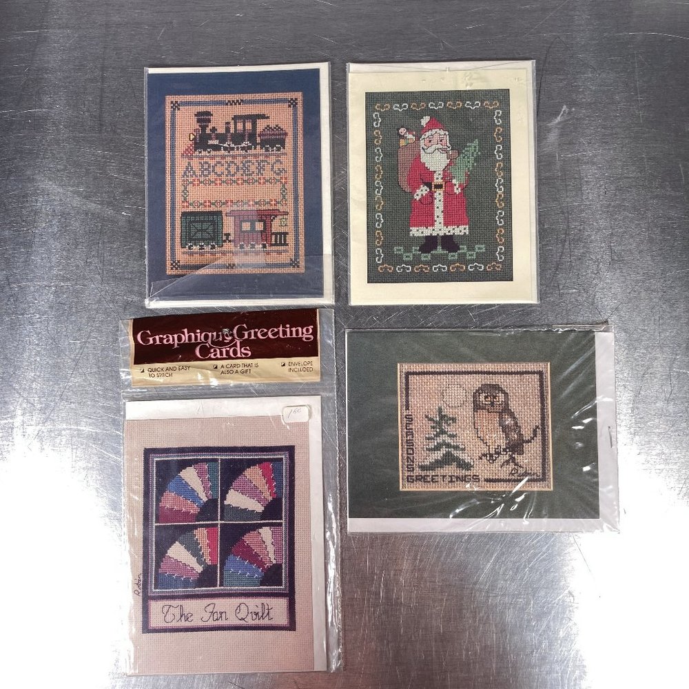 Vintage 4 Cross Stitch Patterns Greeting Cards & Envelopes Santa Owl Quilt Train